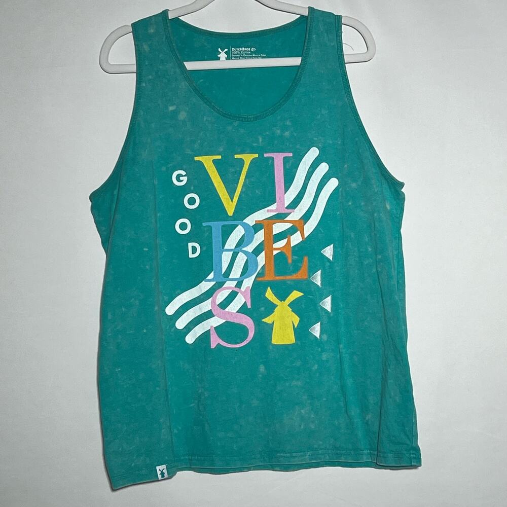 Dutch Bros Sleeveless Graphic Good Vibes Tank Top Teal Mens Size Large Casual